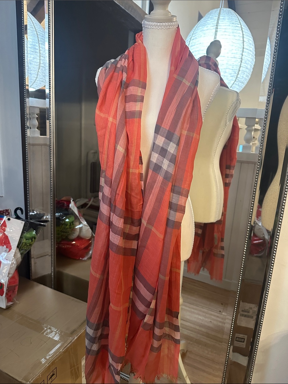Burberry Red Plaid Sheer Wrap with Purple and Cream Stripes